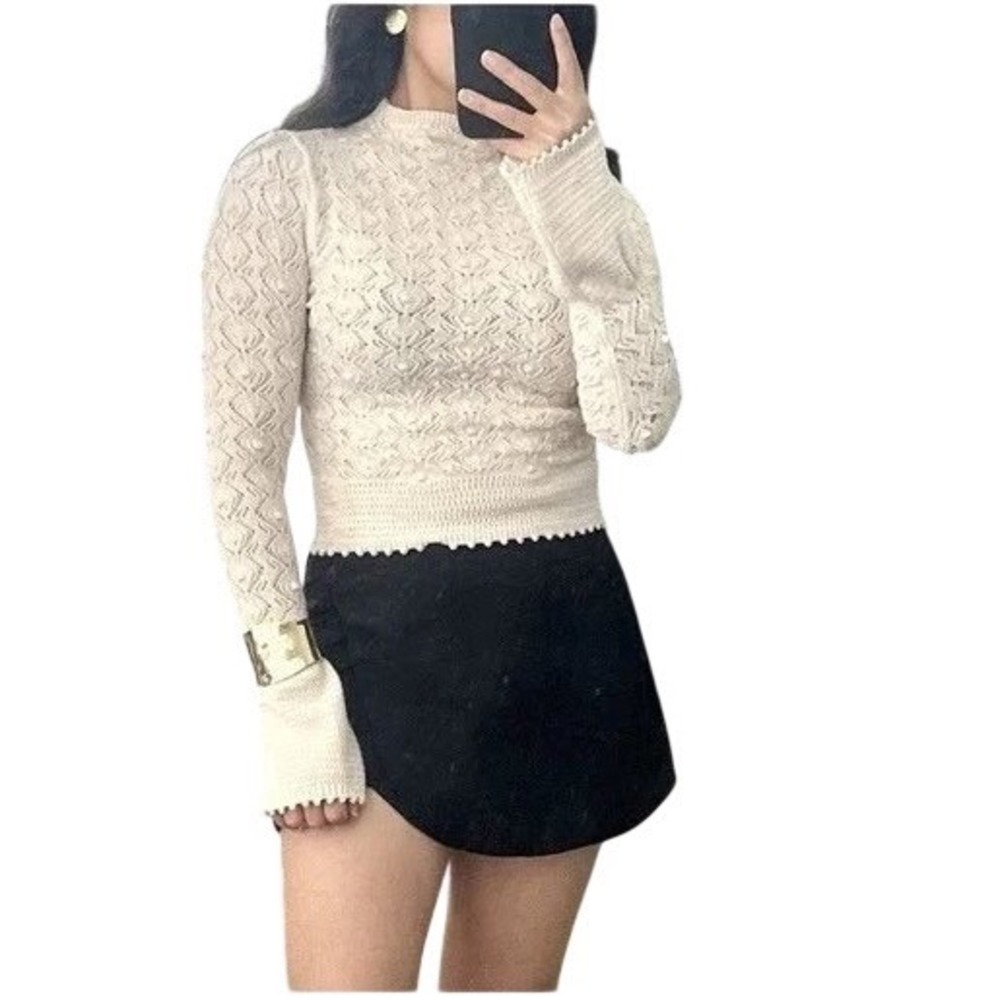 MNG Mango Womens Cream Pointelle Knit Bobble Bell Sleeve Mock Neck Top Size M